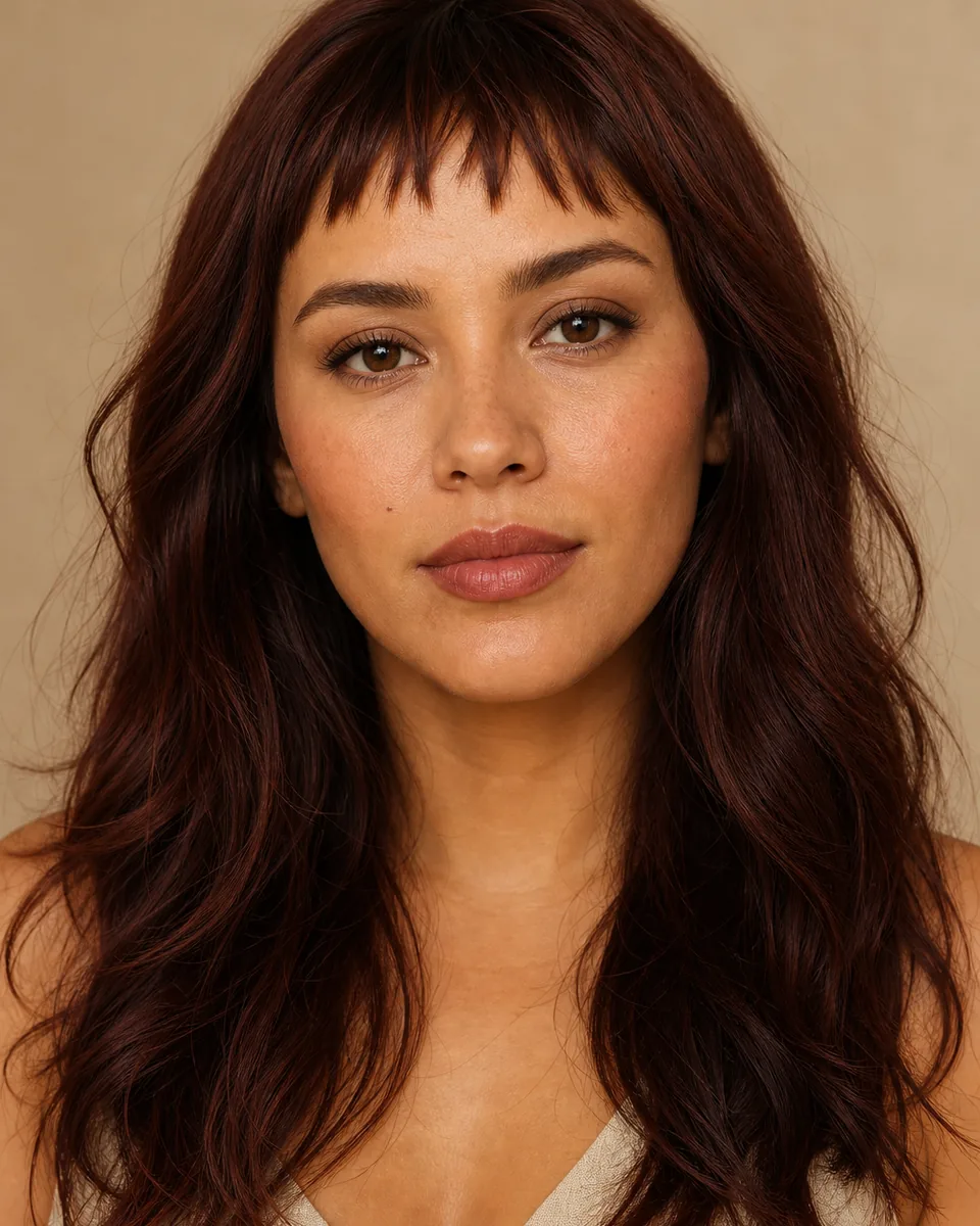 Adult woman with deliberately choppy uneven micro bangs above the eyebrows