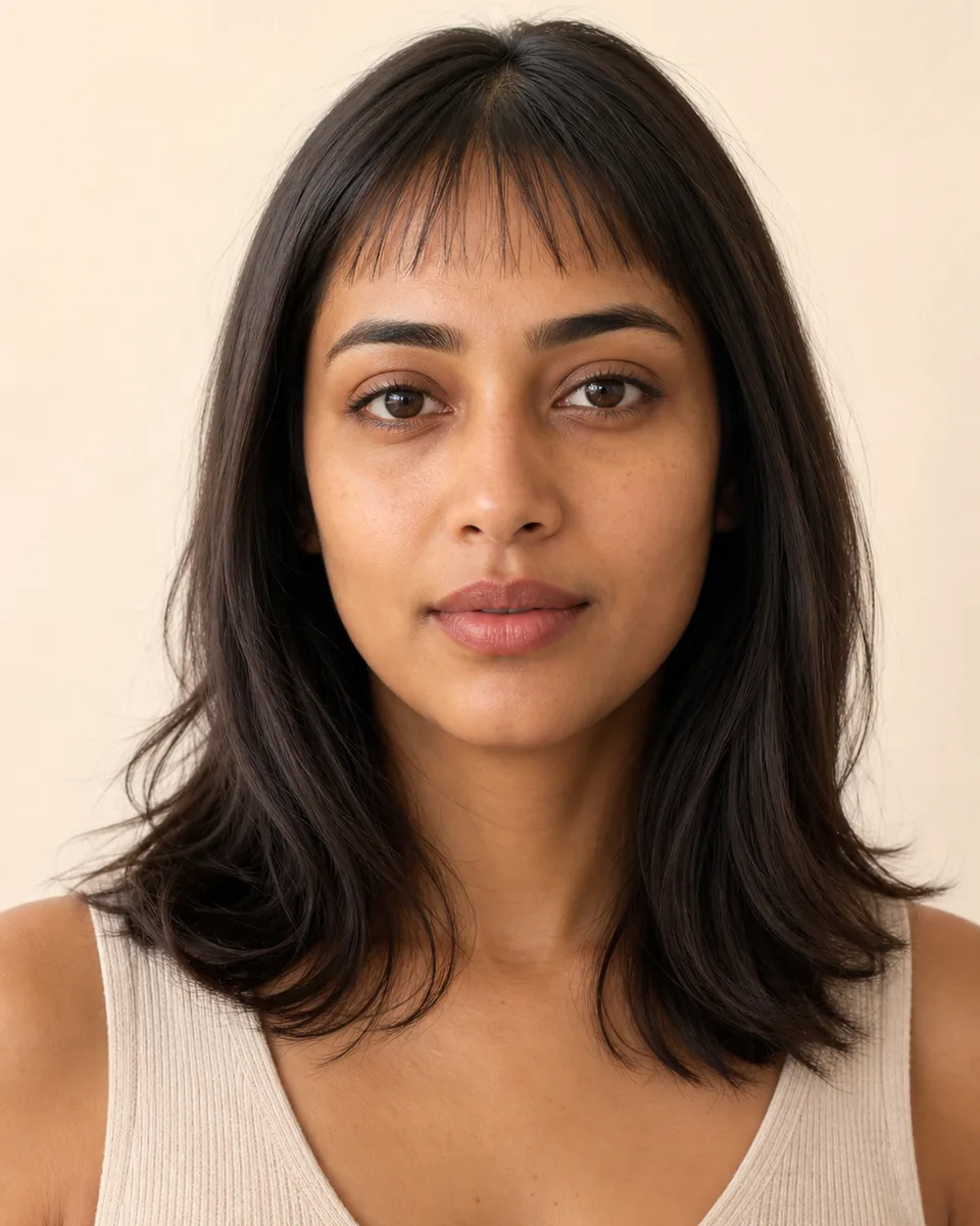Adult woman with light separated wispy micro bangs well above the eyebrows