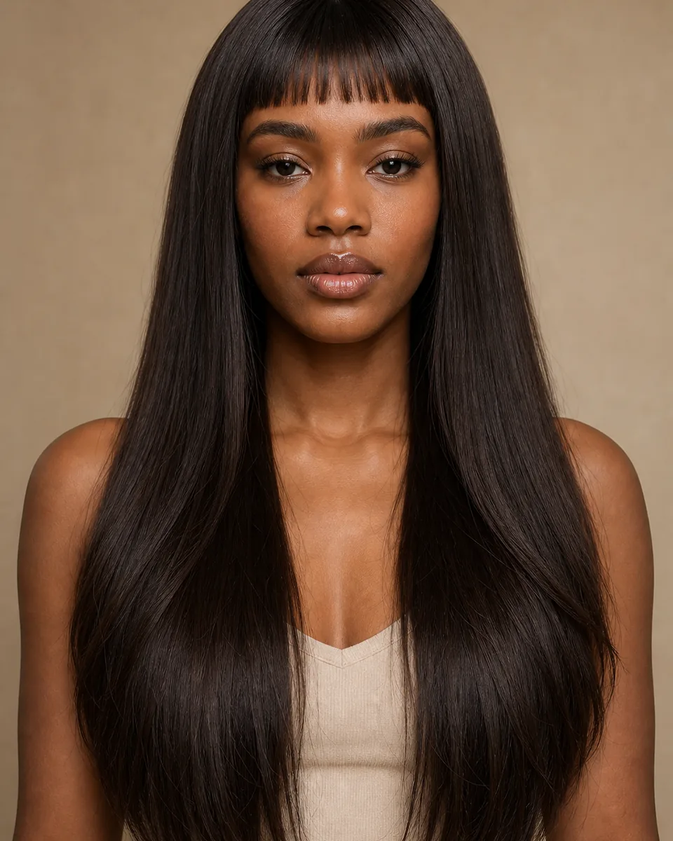 Adult woman with very long straight hair and short micro bangs
