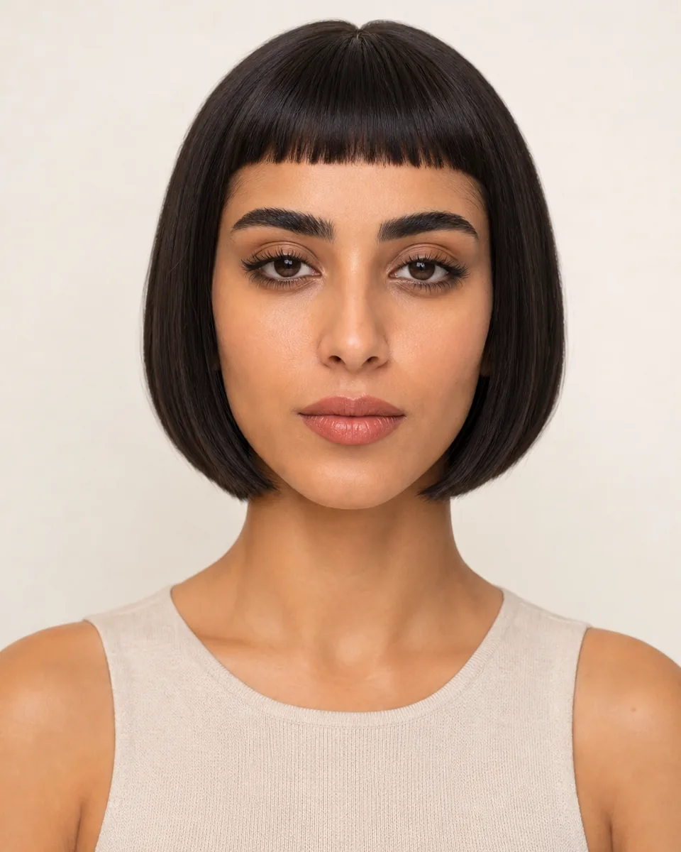 Adult woman with a sleek chin-length bob and straight micro bangs
