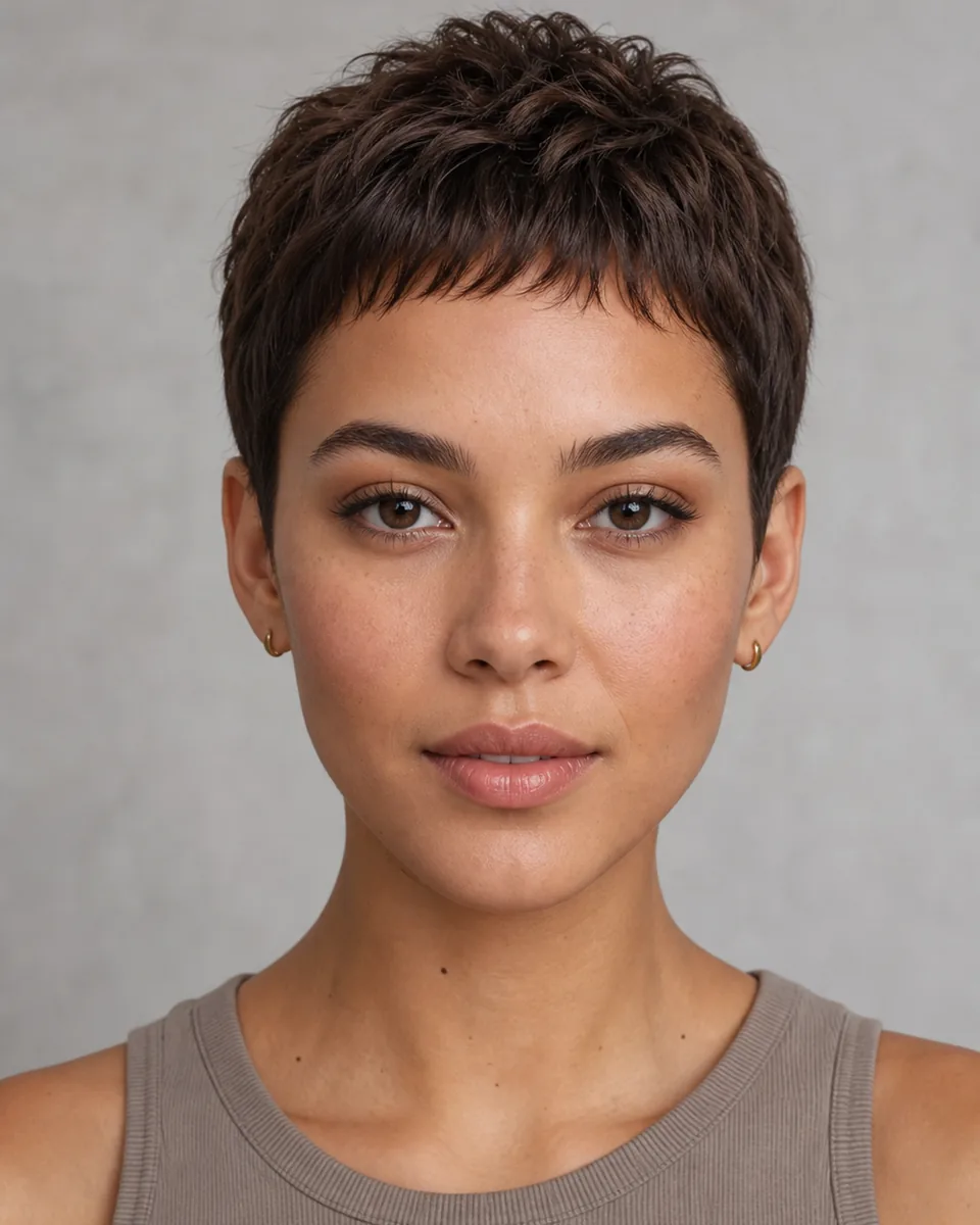 Adult woman with a textured pixie cut and short micro fringe