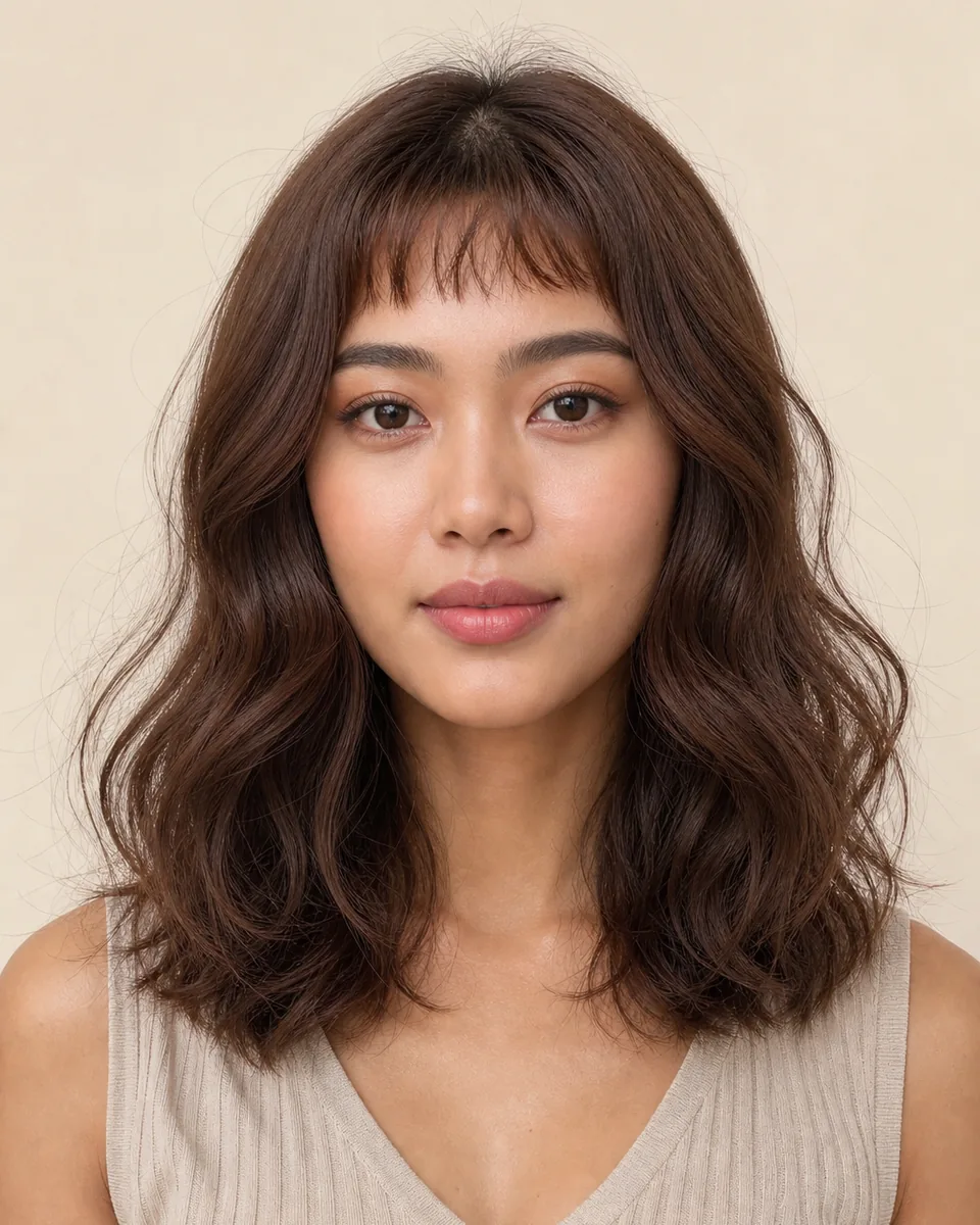 Adult woman with shoulder-length wavy hair and softly irregular micro bangs