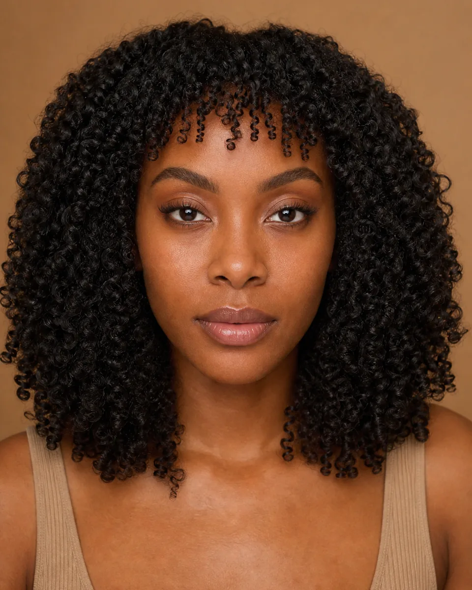 Adult woman with natural curls and short curly micro bangs above the eyebrows