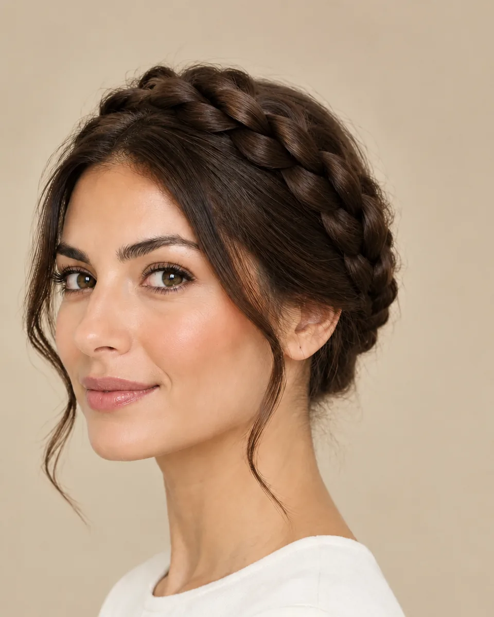 Woman with dark brown hair braided into a crown around her head