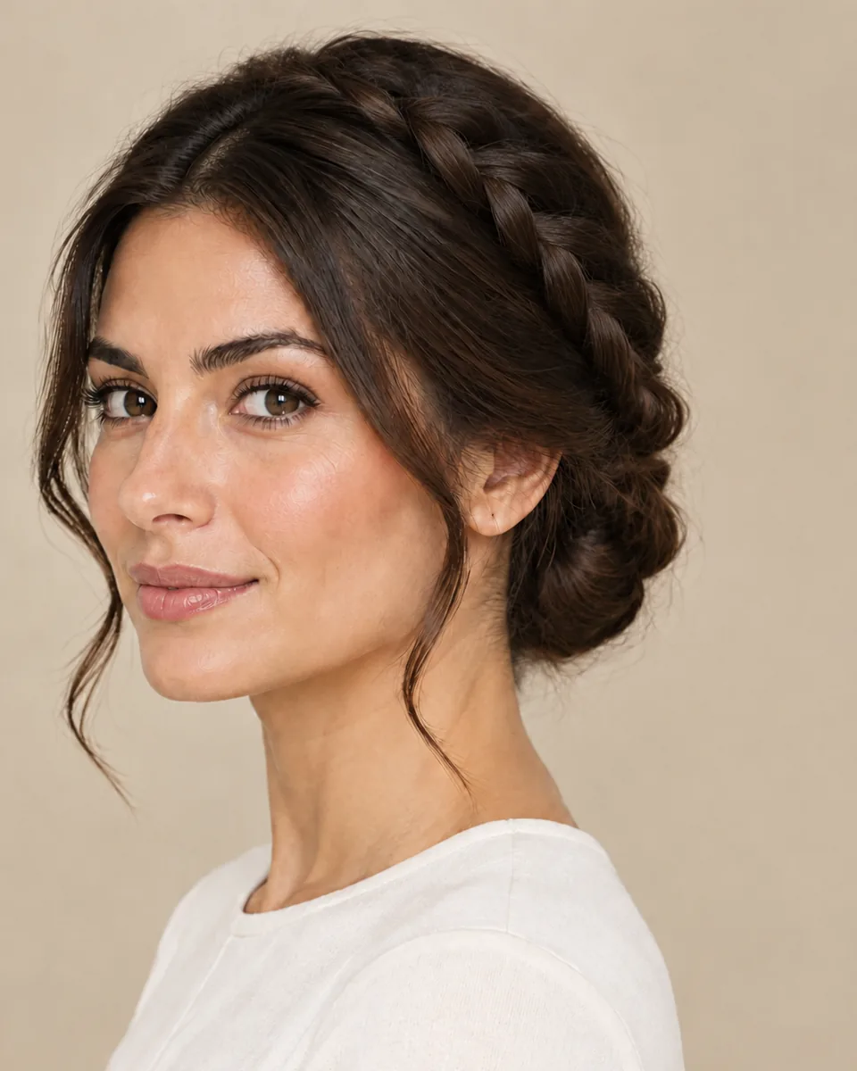 Woman with dark brown hair arranged in a braided updo