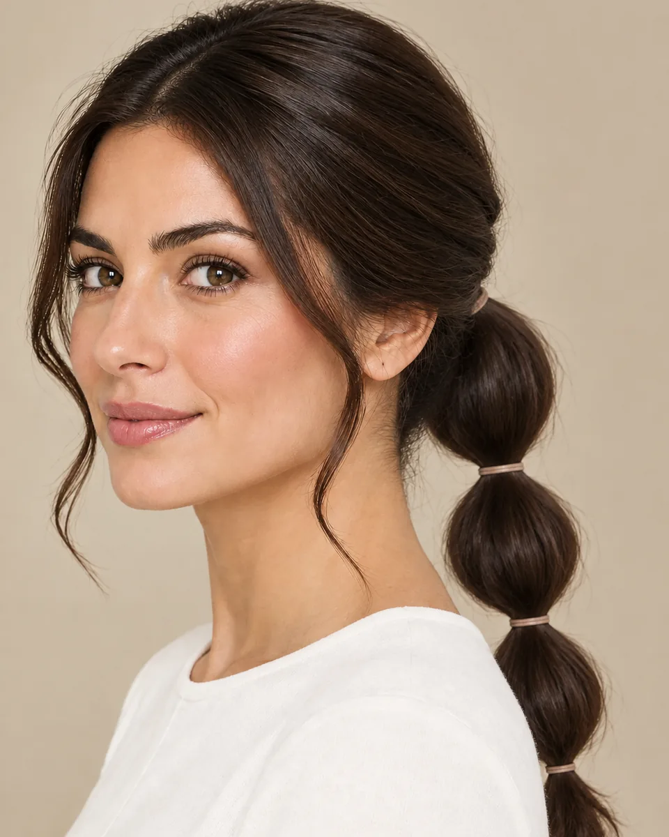 Woman with a dark brown ponytail arranged in rounded bubble segments