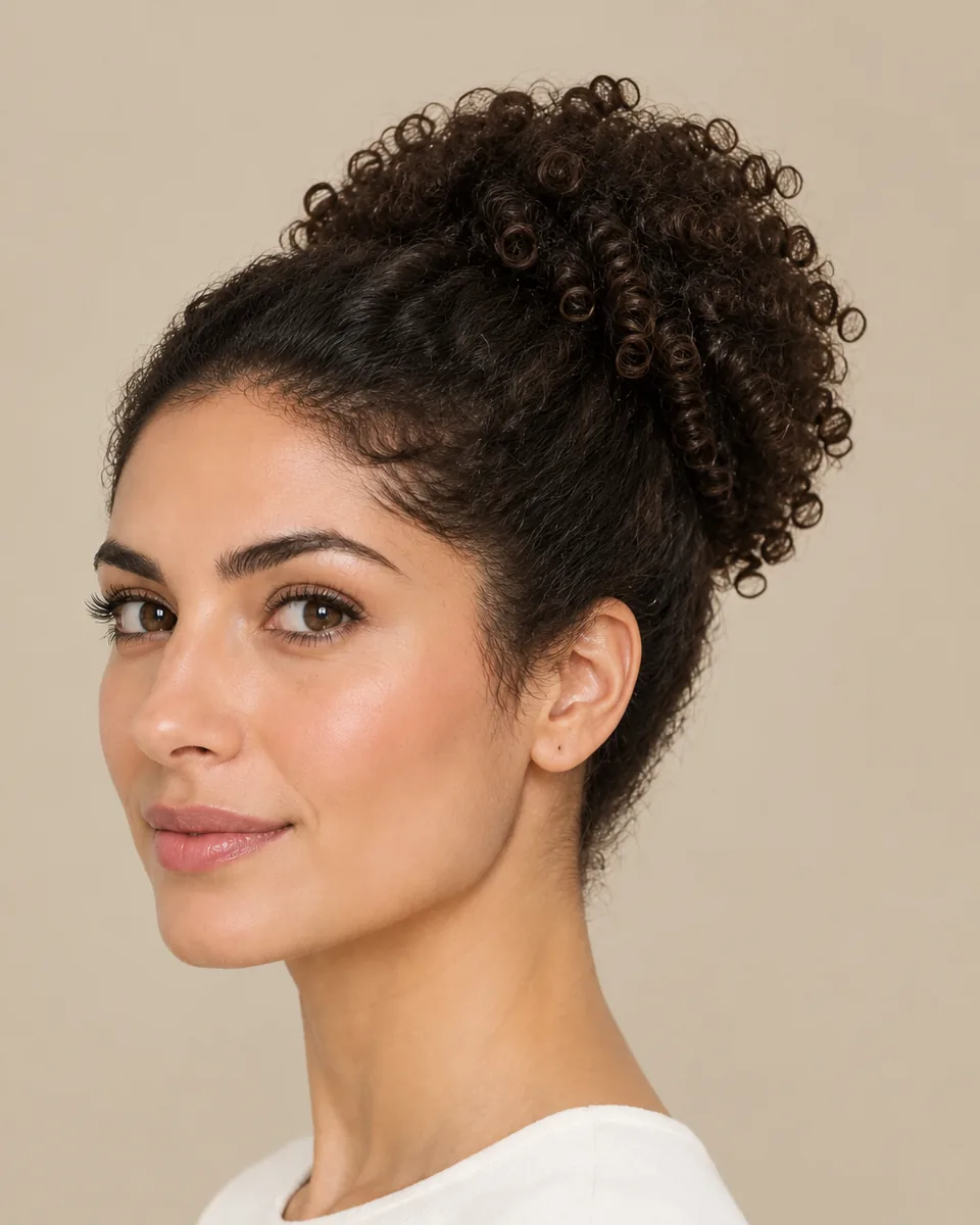 Woman with tightly coiled dark brown hair gathered into a high puff