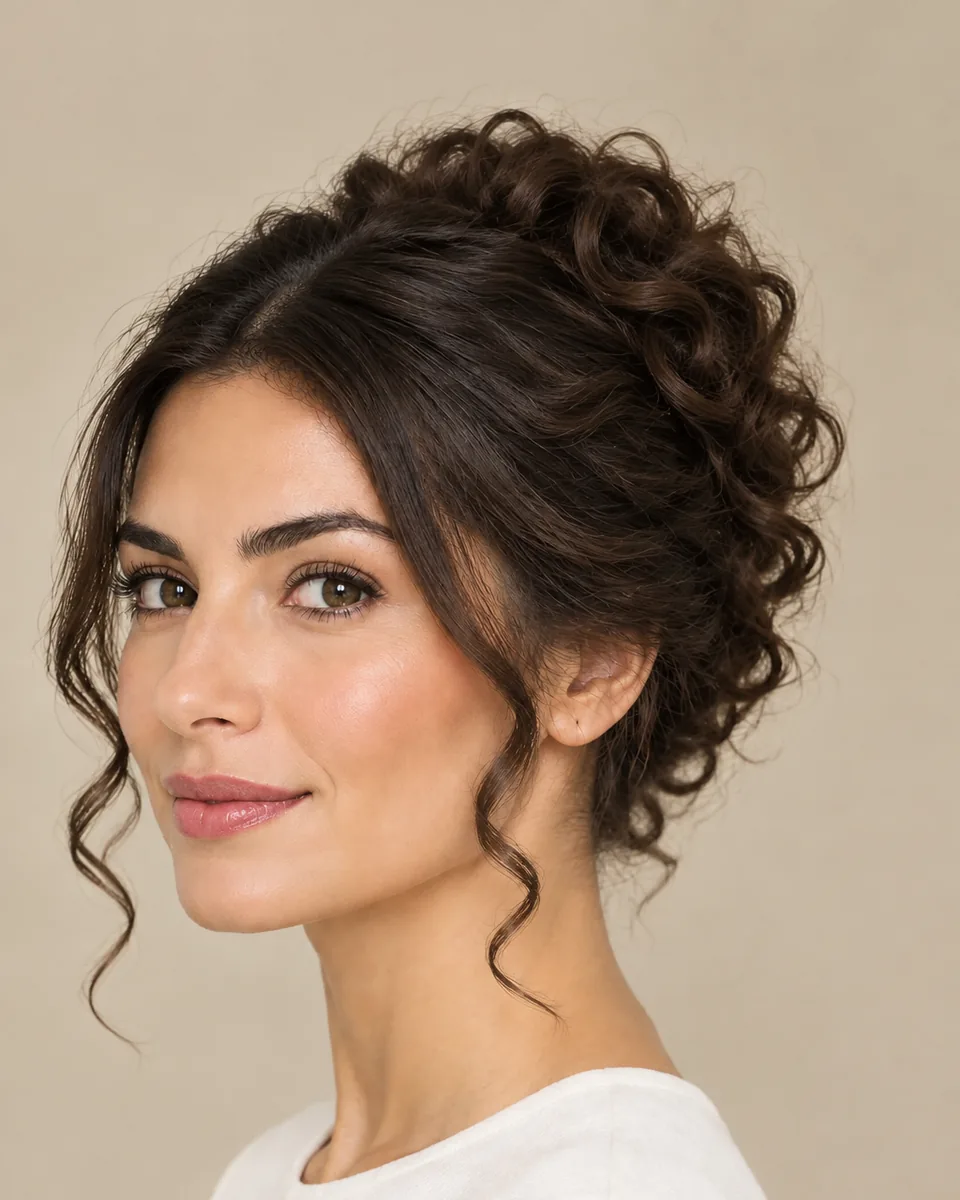 Woman with defined dark brown ringlets gathered into a bridal updo