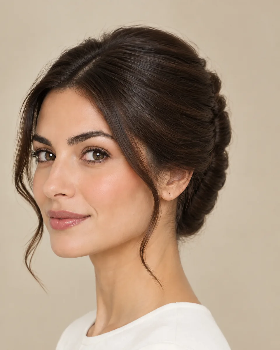 Woman with dark brown hair swept into a vertical French twist