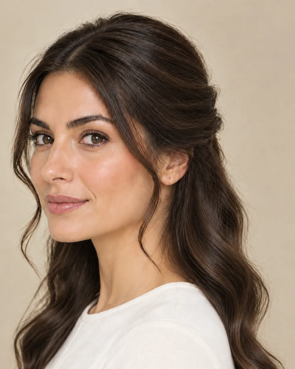Woman with dark brown half-up hair and loose waves