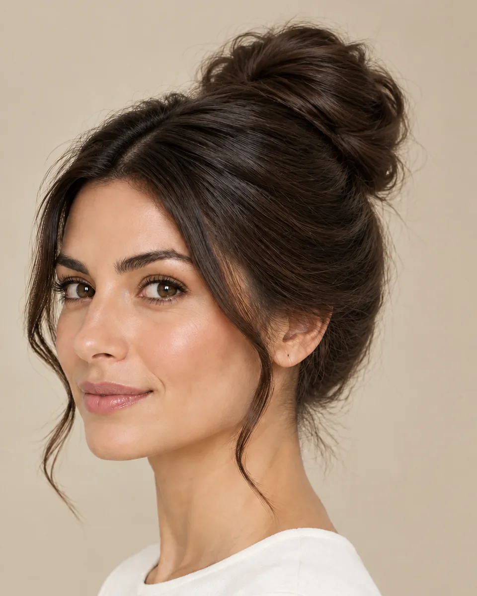 Woman with dark brown hair swept into a rounded high bridal bun