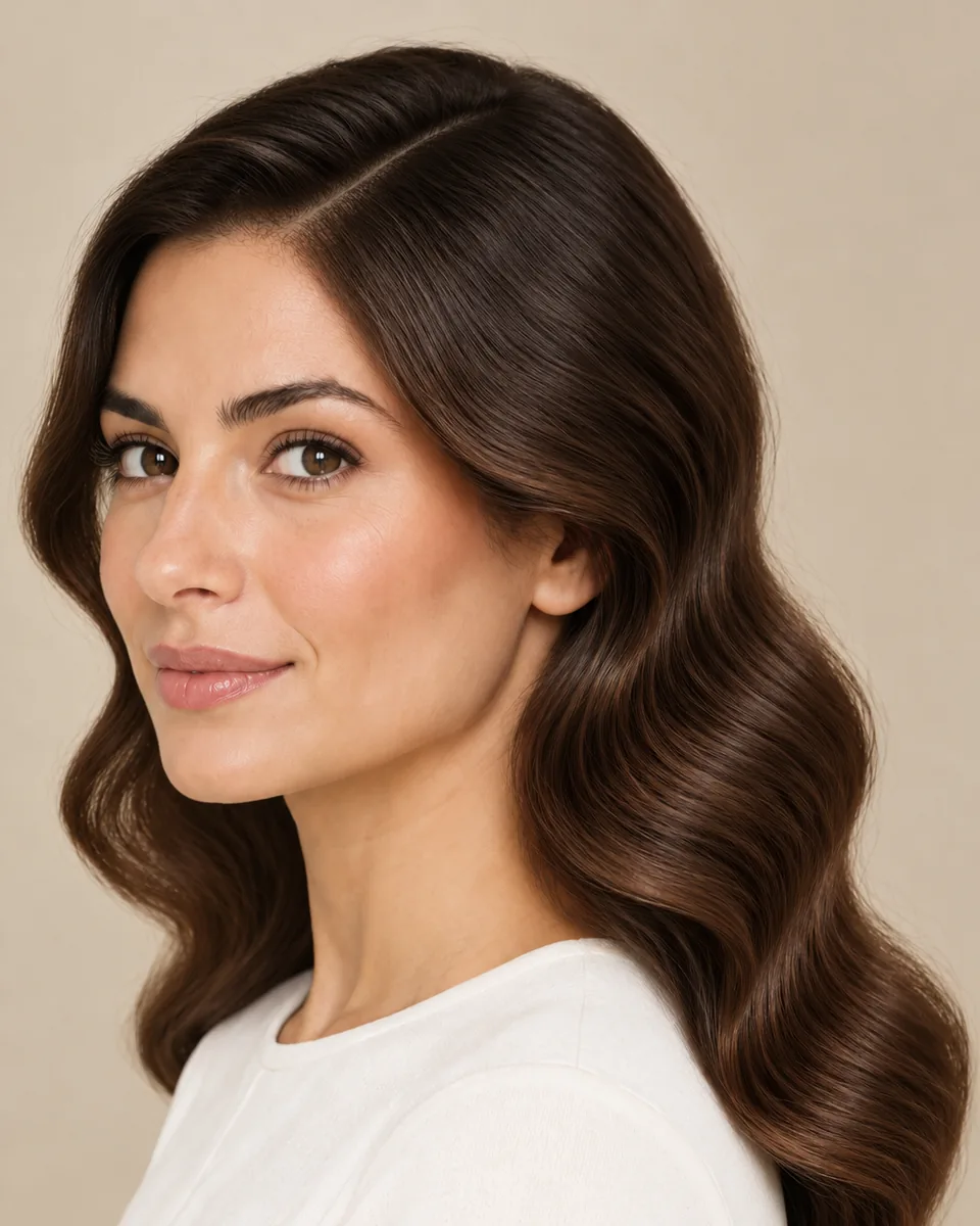 Woman with smooth dark brown side-parted Hollywood waves