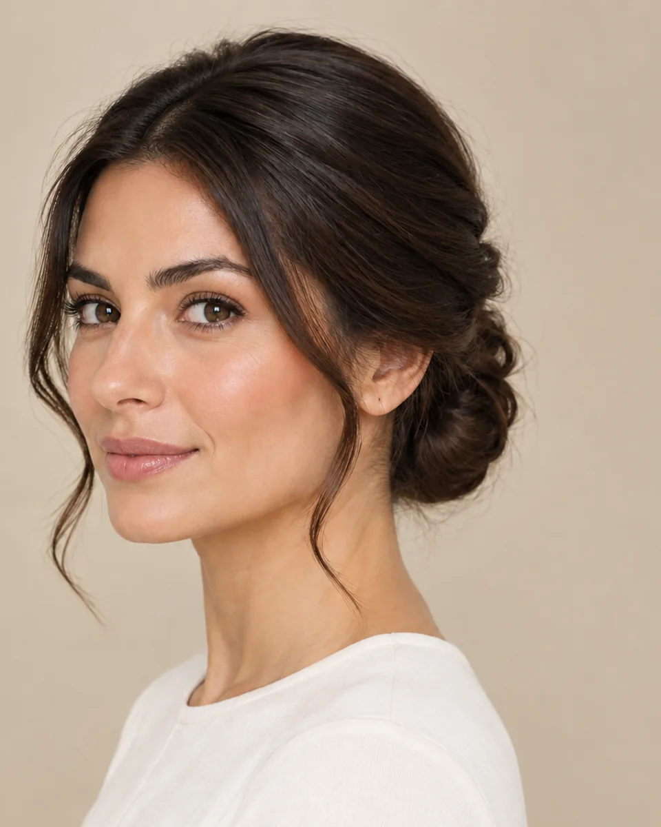 Woman with a softly folded dark brown low chignon at the nape