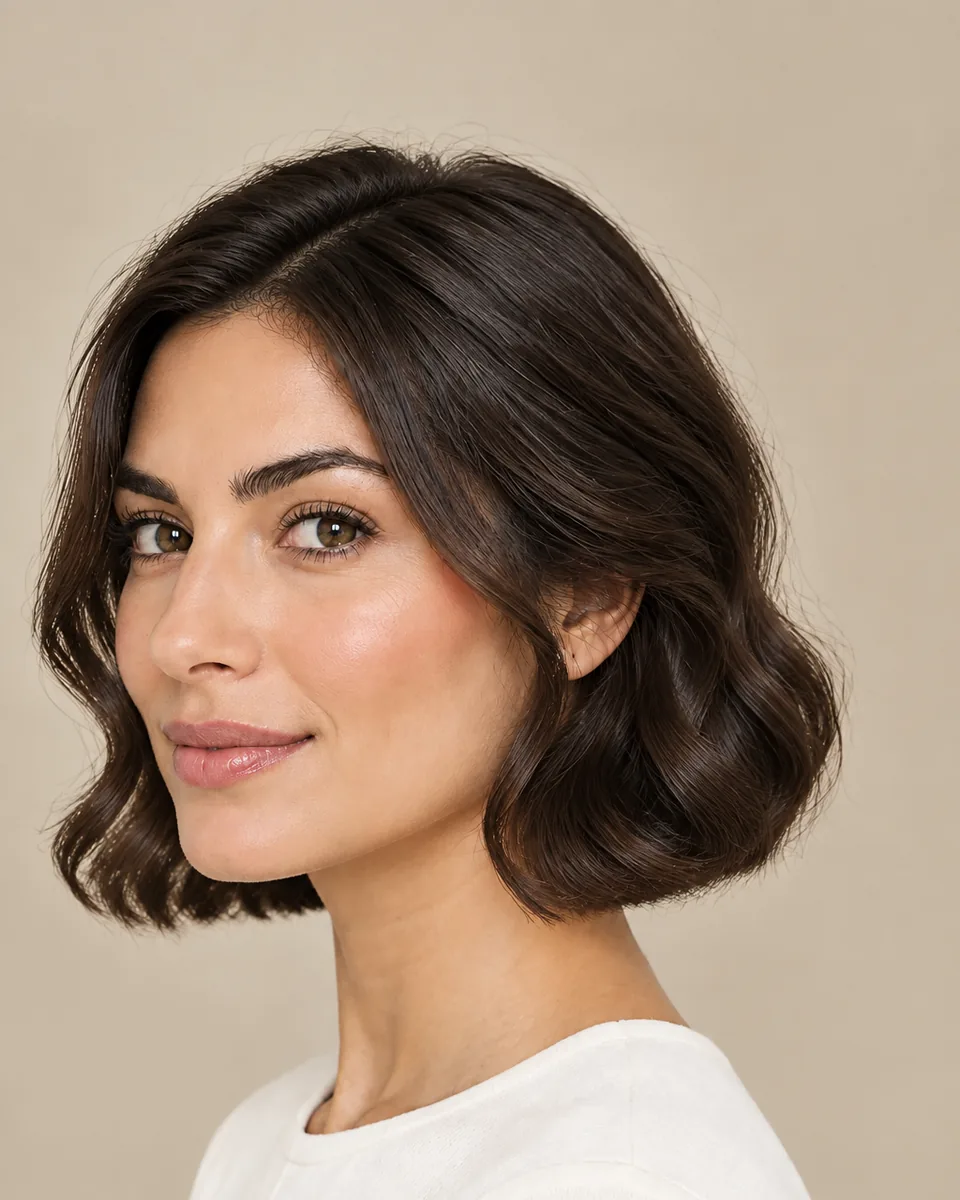 Woman with a jaw-length dark brown bridal bob and sculpted side-parted waves