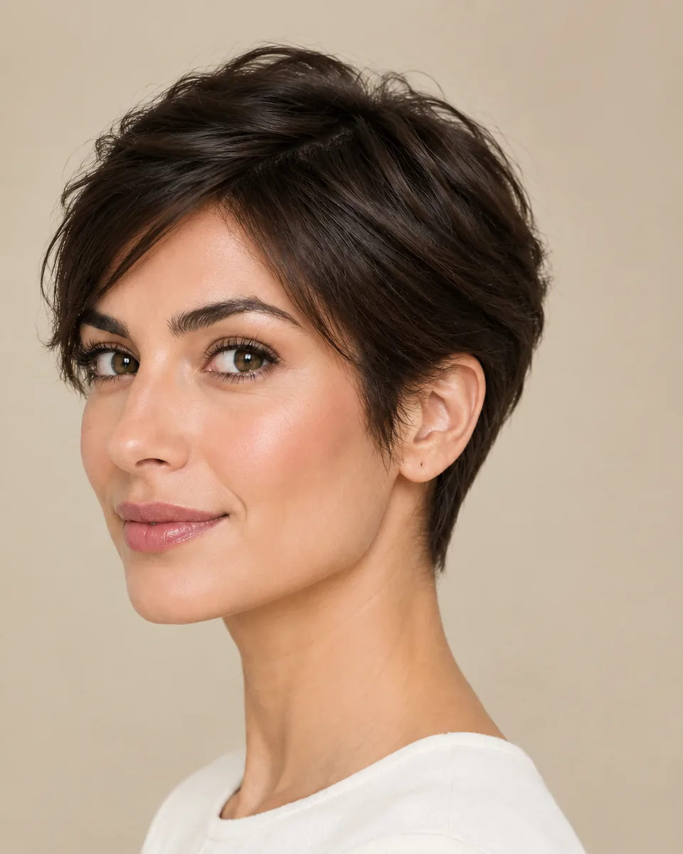 Woman with a short dark brown pixie and softly swept fringe