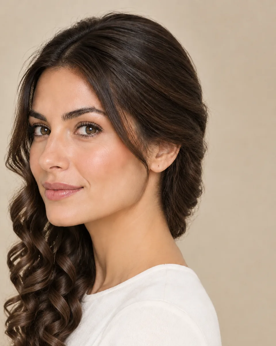 Woman with dark brown curls swept over one shoulder