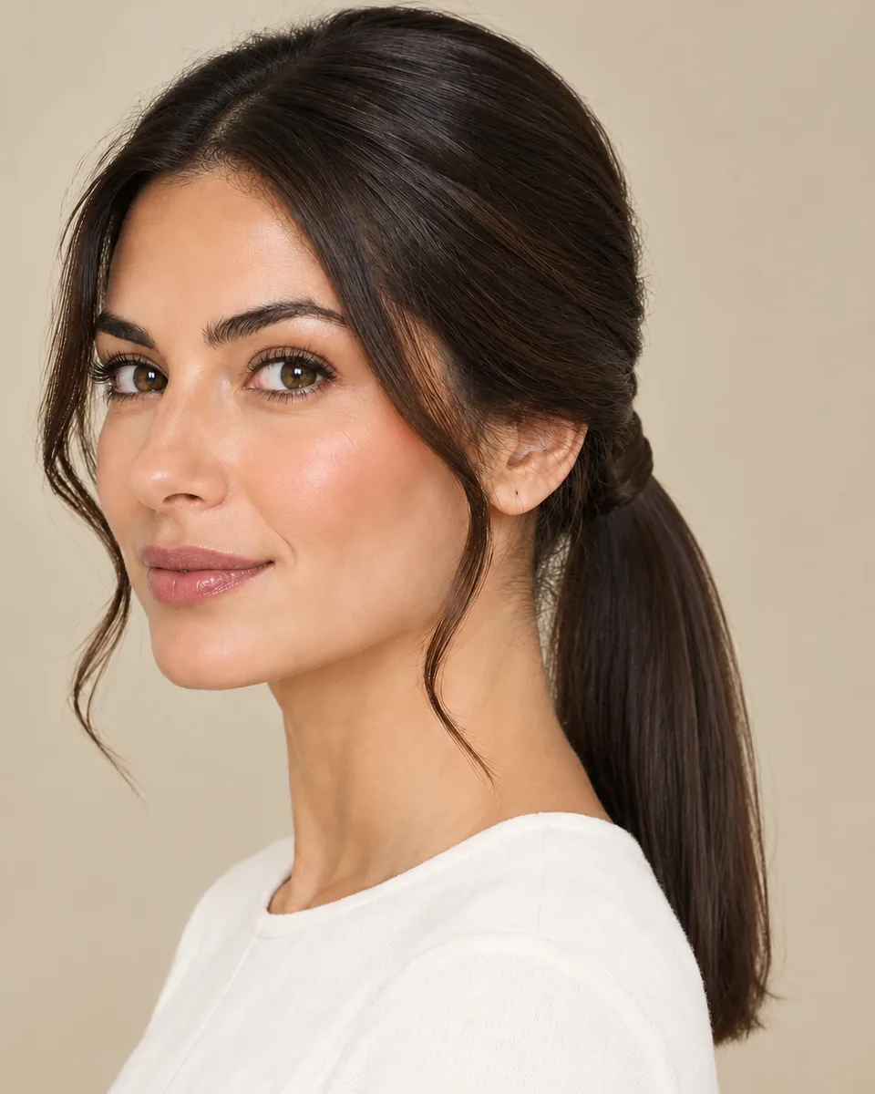 Woman with dark brown hair smoothed into a sleek bridal ponytail
