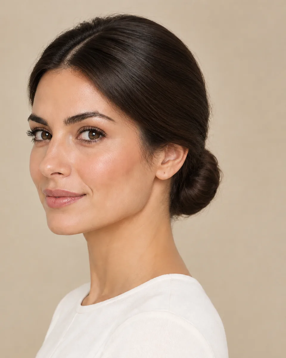 Woman with dark brown hair smoothed into a sleek low bun