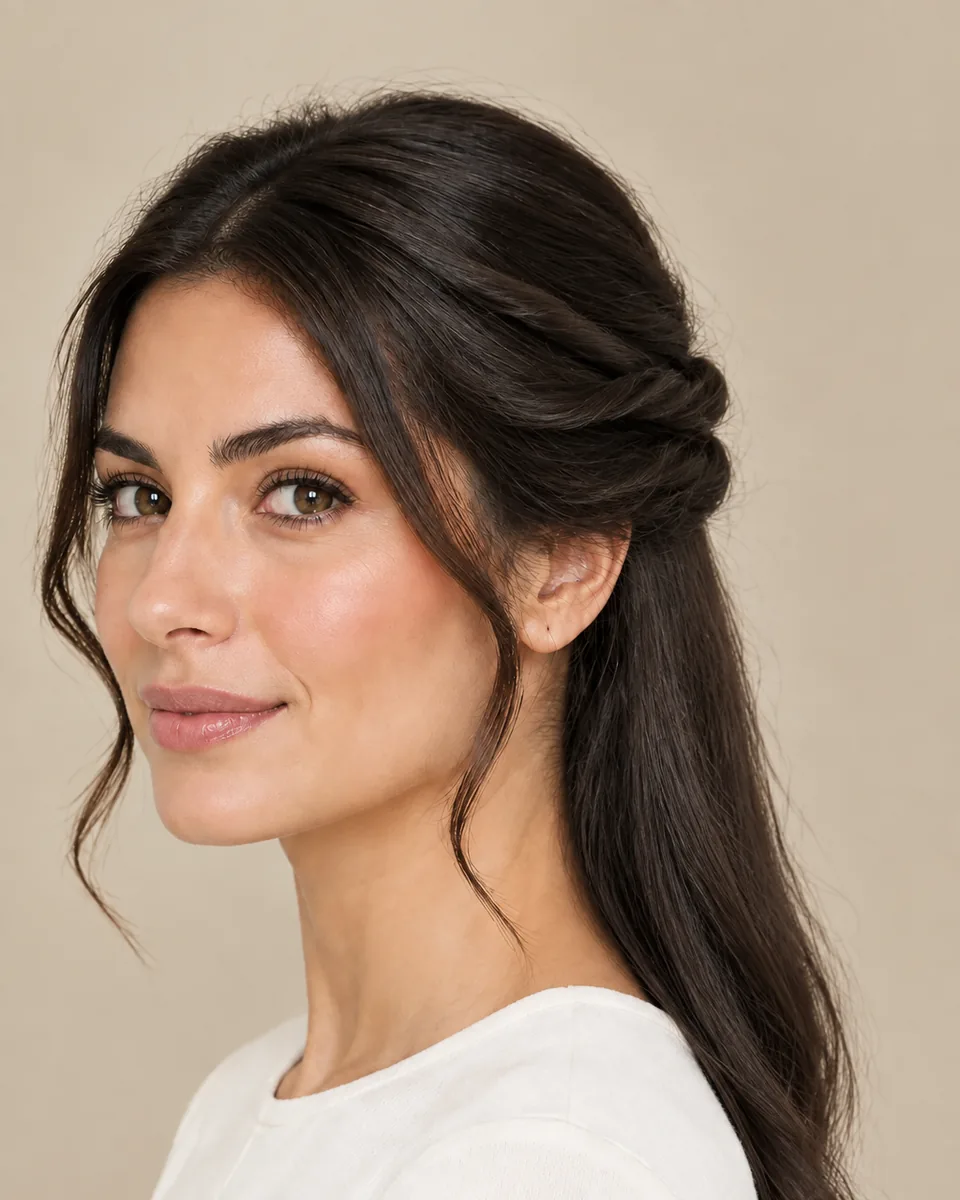 Woman with twisted dark brown side sections and loose half-up hair