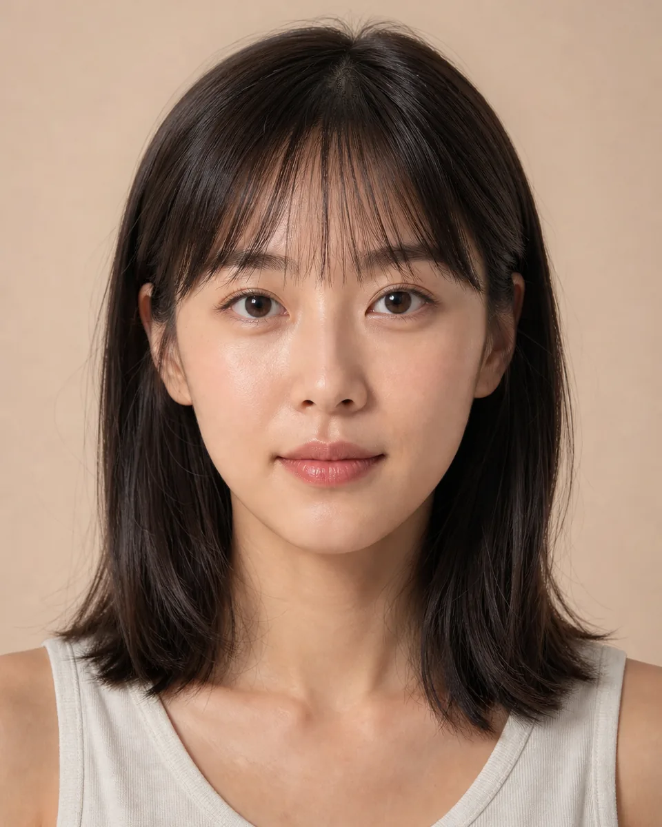 Adult woman with classic light wispy bangs separated across the forehead
