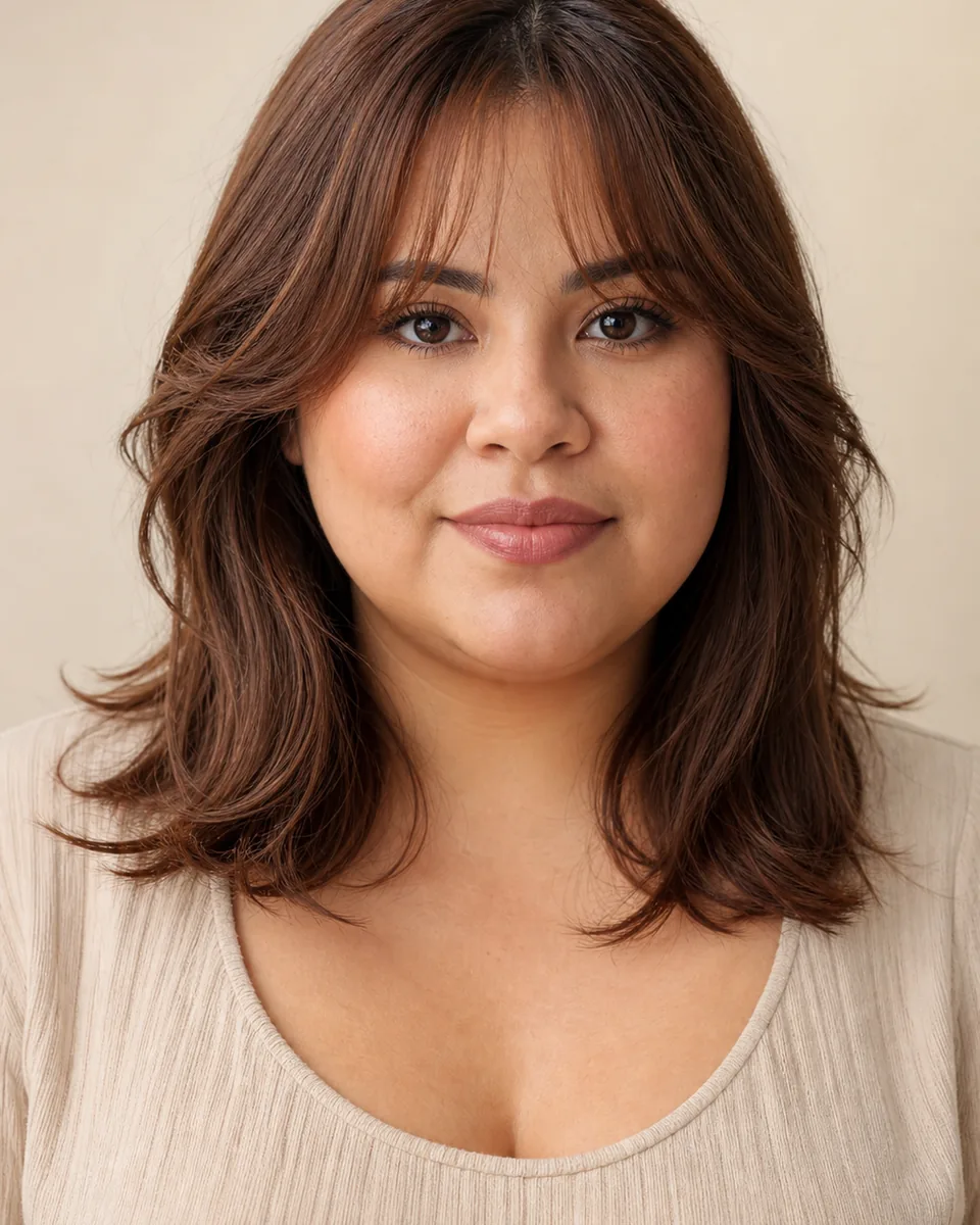 Adult woman with a round face and light wispy bangs with longer outer pieces