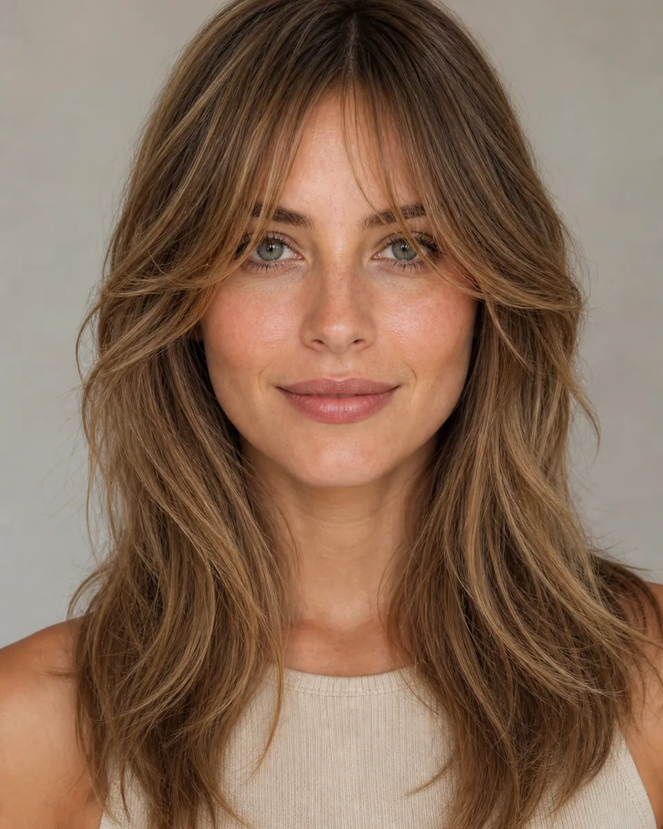 Adult woman with low-density wispy curtain bangs opening through the center