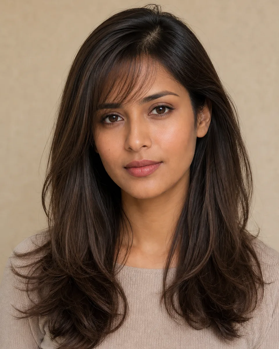 Adult woman with light side-swept wispy bangs crossing part of the forehead