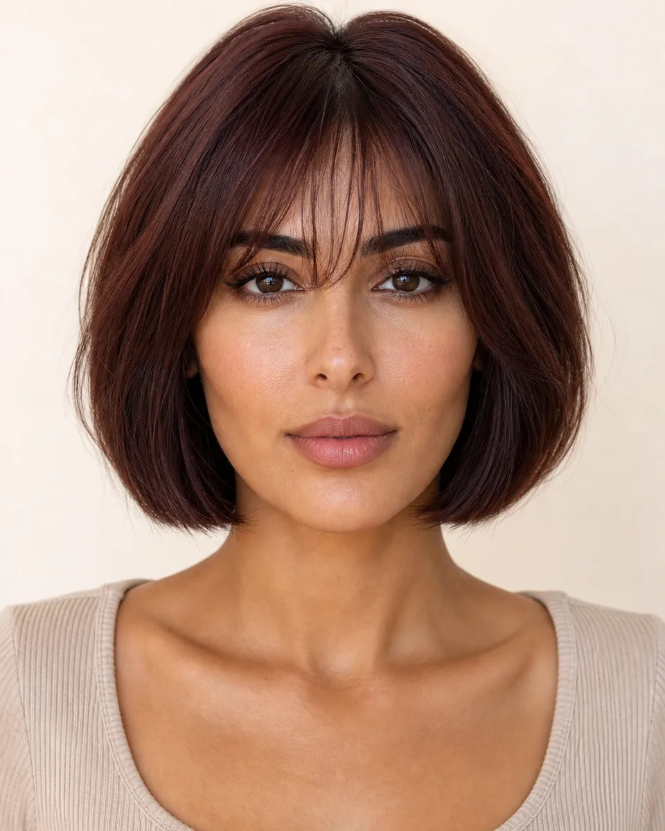 Adult woman with a chin-length bob and softly separated wispy bangs