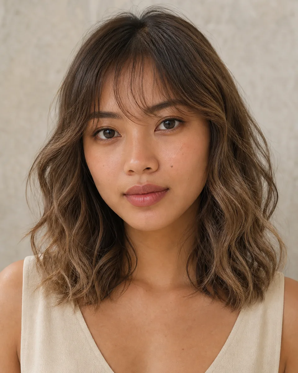 Adult woman with shoulder-length wavy hair and softly bent wispy bangs