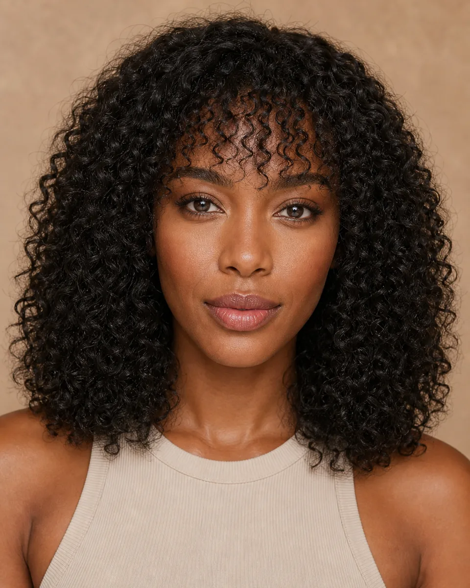 Adult woman with natural curls and light curly wispy bangs above the eyes